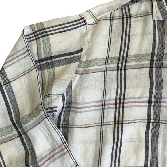 Thomas Dean Mens XL Tall 100% Linen Plaid Button Down Shirt White Multi Casual - Picture 8 of 16